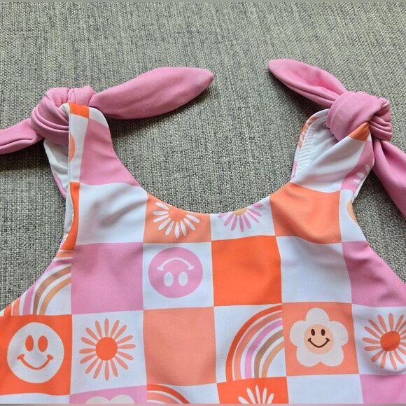 Cheeky Plum Retro Checkered Swimsuit Baby 6-12 Months Ruffled Orange And Pink - Picture 3 of 8